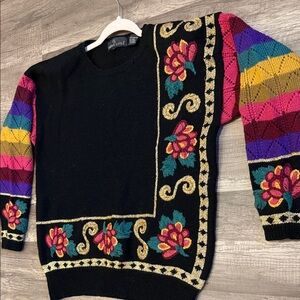 Vintage 80s Carole Little small Black Floral Colorblock knit & stitched Sweater